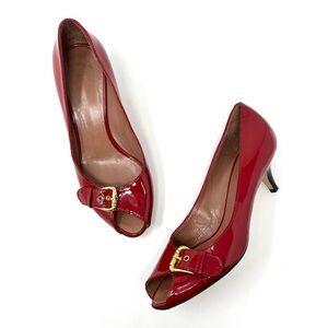 Vintage Giuseppe Zanotti Y2K Red Patent Leather Gold Peep Toe Kitten Heels 37 7